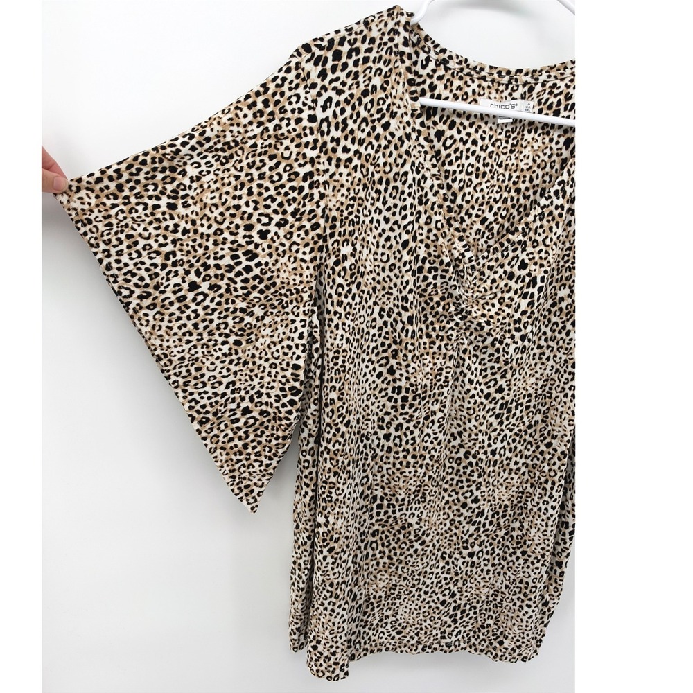 Chico's Women 4 XXL Leopard Print Top Brown Ruched V-Neck Kimono Sleeve Stretch
